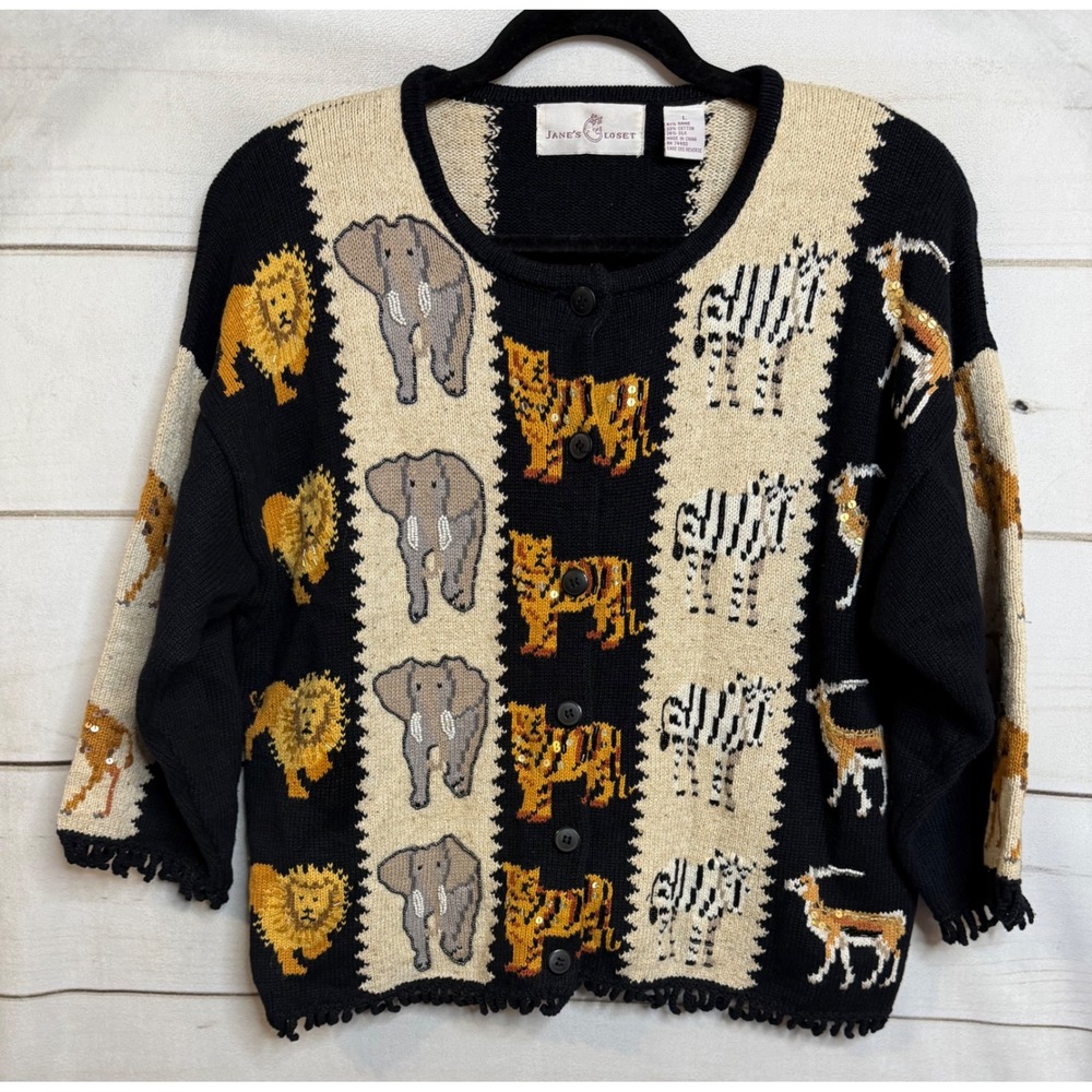 Jane's Closet Vintage Safari Animal Beaded‎ Silk Blend Cardigan Sweater Large